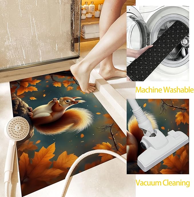 Door Mat,Cute Squirrel Welcome Mat Indoor,Fall Maple Leaf Non-Slip Outdoor Entry Mat for Home Entryway, Low Profile Floor Rugs for Entry Patio, Porch, Hallways 30 x 17 Inch