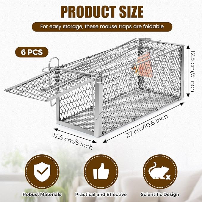 Qualirey 6 Pcs Humane Rat Trap Small Chipmunk Mouse Squirrel Cage Rodent Animal Voles Hamsters Cage Catch and Release Trap for Home Garden Indoor Outdoor (Silver,10.6 x 5 x 5 Inch)