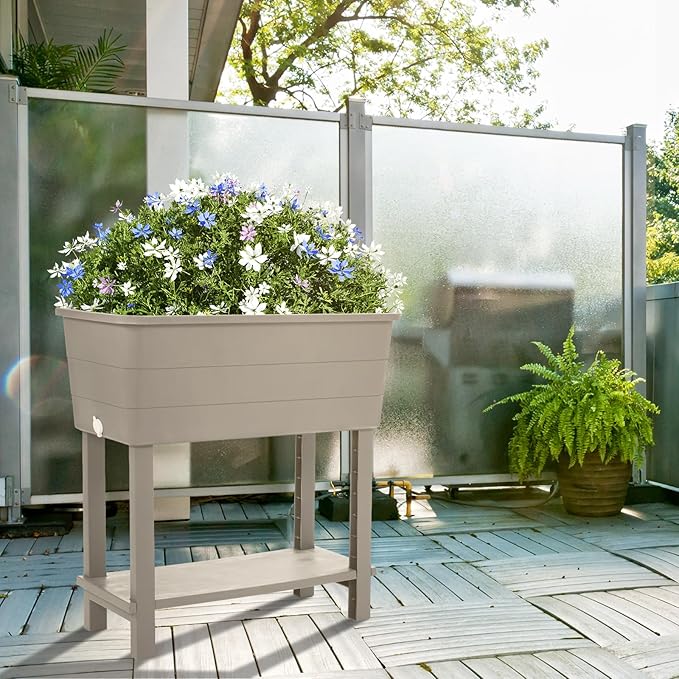 Aoodor 30" x 14" x 29" Raised Planter Box with Legs, Storage Shelf, Drainage Plug, and Water Level Indicator, for Vegetables, Flowers, Herbs, Outdoor Use, Set of 3, Khaki