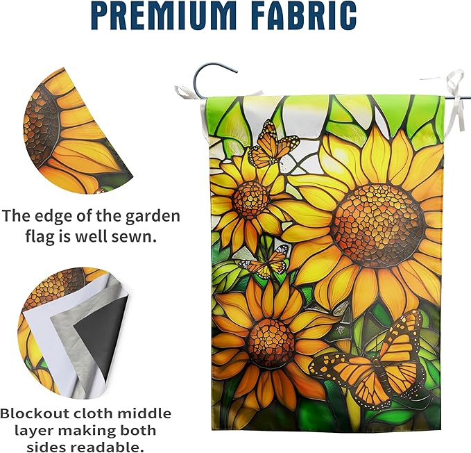 Stained Glass Sunflower Garden Flags Spring Summer Flags for Outside 12x18 Double Sided Small Floral Monarch Butterfly Yard Flag for Outdoor Lawn Poch Decor