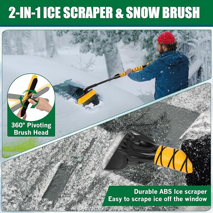 44" Ice Scraper and Snow Brush for SUV, 360° Pivoting Extendable Long Snow Brush for Car, Snow and Ice Scrapers for Windshield with Ergonomic Foam Grip for Car Truck SUV(Yellow)
