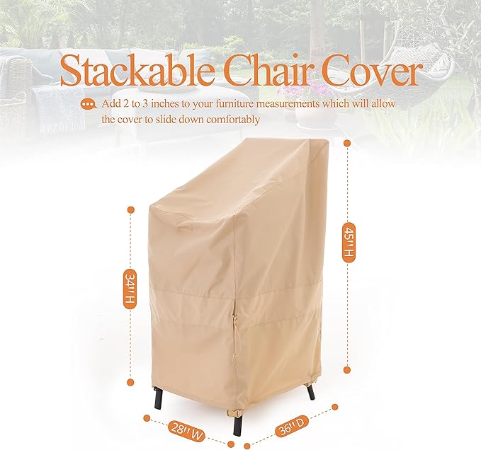 Stackable Patio Chair Cover, Heavy Duty, Wind Resistant and Waterproof Outdoor Lawn Patio Chair Covers, 28W x 36D x 45H, (4-6 Stacked Chairs), Beige, 1-Pack