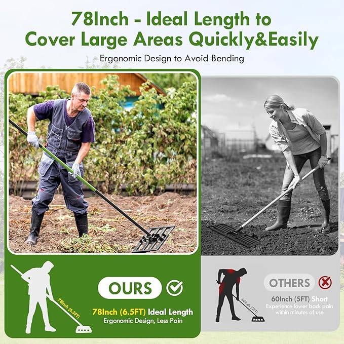 Seeutek Lawn Leveling Rake, 30” x 10” Lawn Leveler with 6.5FT Stainless Steel Handle Rakes for Lawns, 0-180° Adjustable Ground Leveler Tool for Yard, Level Soil Sand Dirt Surfaces