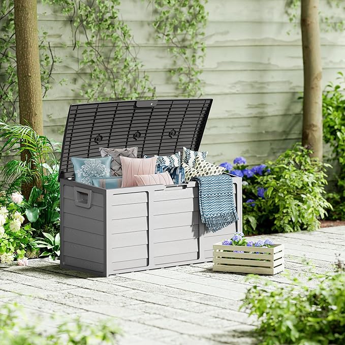 75 Gallon Outdoor Deck Box - Durable Resin Storage with Lockable Lid, for Patio Furniture Cushions, Pillows (Grey)