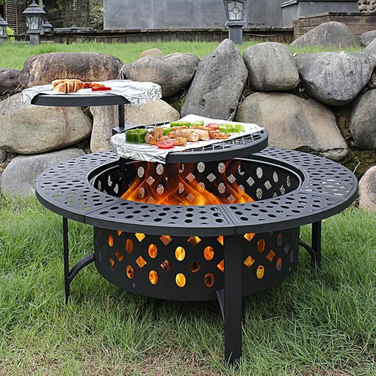 36 Inch Fire Pit with 2 Grills, Wood Burning Fire Pits for Outside with Lid, Poker and Round Waterproof Cover, BBQ& Outdoor Firepit & Round Metal Table 3 in 1 for Patio, Picnic, Party