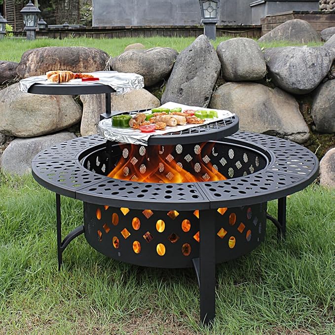 42 Inch Fire Pit with 2 Grills, Extra Large Wood Burning Fire Pits for Outside with Lid & Poker, Heavy Duty Firepit,BBQ& Outdoor Firepit & Round Metal Table 3 in 1 for Patio, Picnic, Party