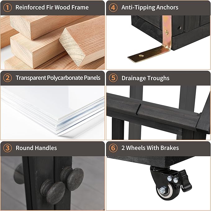 Garden Wood Portable Cold Frame - Mini Greenhouse with Wheels, Open Roof & Storage (Black+ Wood Color + WoodColor)