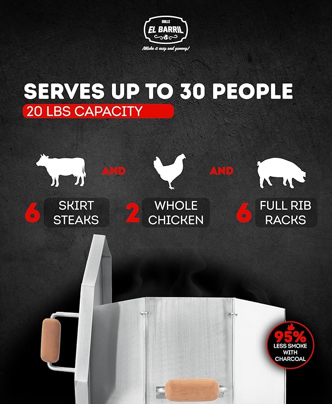 EL BARRIL 20lbs Stainless Steel Foldable Charcoal Smoker & Grill Barrel – Portable Outdoor Smokers with Grilling Accessories & Carry Bag