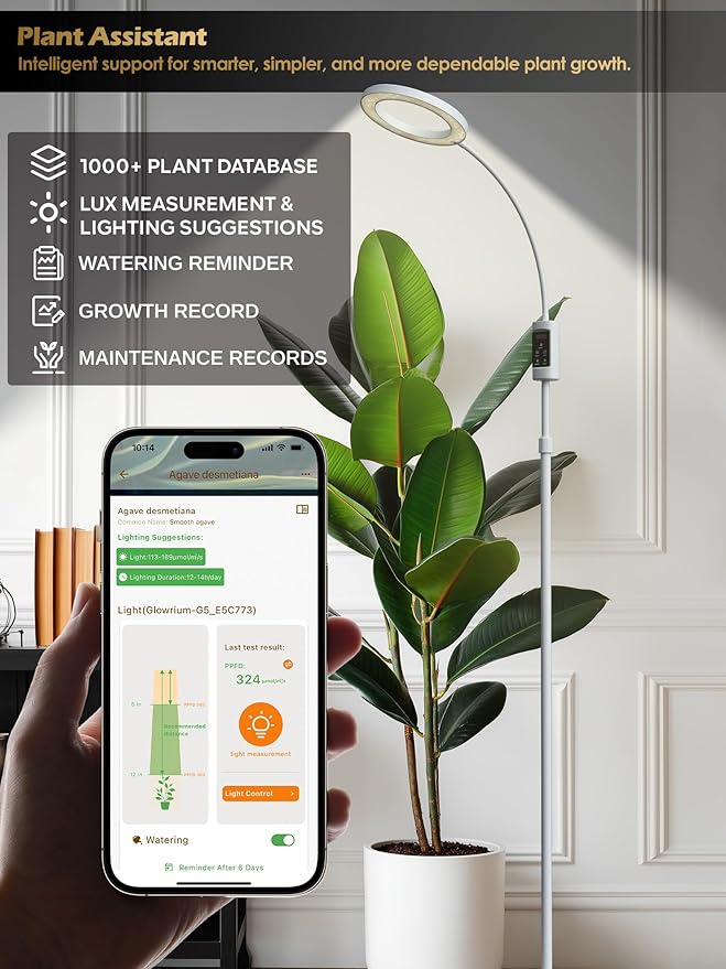 Smart Grow Lights for Indoor Plants,24W Plant Light with Auto-Timer,Full Spectrum LED Grow Light, Adjustable Height & Stepless Dimming,Plant Assistant Suitable for Most Plants (White, 24W)