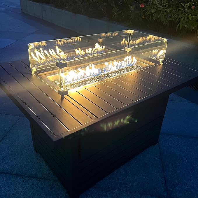 43.3 inch Outdoor Propane Fire Pit 2 in 1 Firepit Table Gas Fire Pit Table with Lid, Glass Wind Guard Rectangle Gas Firepit Table for Garden/Patio, CSA Certification (Dark Grey)