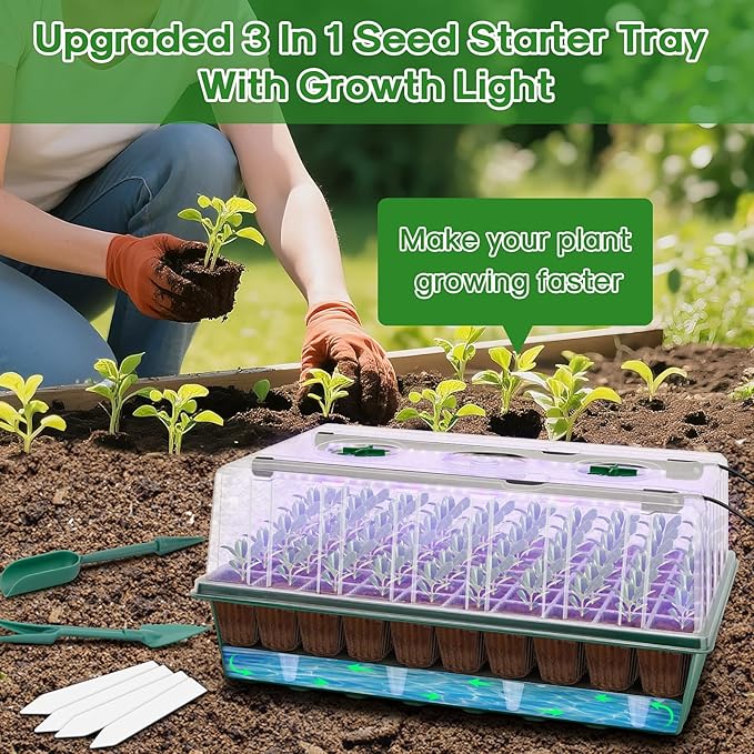 BlumWay Self-Watering Seed Starter Tray Kit with Grow Light and Humidity Dome, 3 Color Growing Light,120-Cell Plant Seedling Tray,Reusable Germination Trays,Adjustable/Timed Light Plant Starter Set