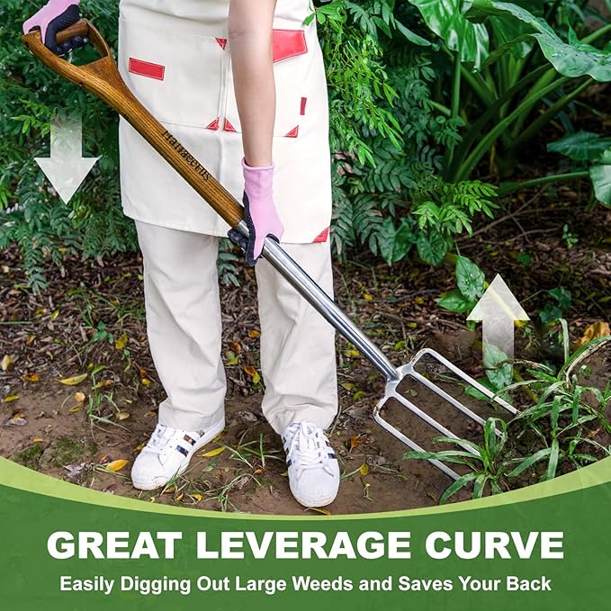 Garden Pitch Fork, 4-Tine Stainless Steel Spading Fork, 43.9'' Digging Fork with Good Leverage for Easy Digging Out Weed, Ergonomic D Handle Garden Fork for Composting, Digging Potatoes Loosening Soil