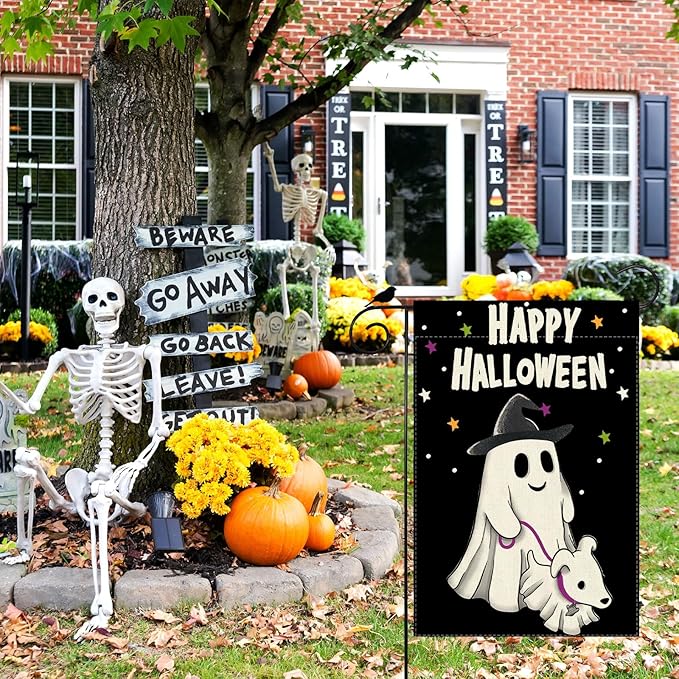 Happy Halloween Garden Flag Ghost Dog Yard Flag 12x18 Inch Double Sided Small Mini Yard Outdoor Outside Holiday Party Decoration
