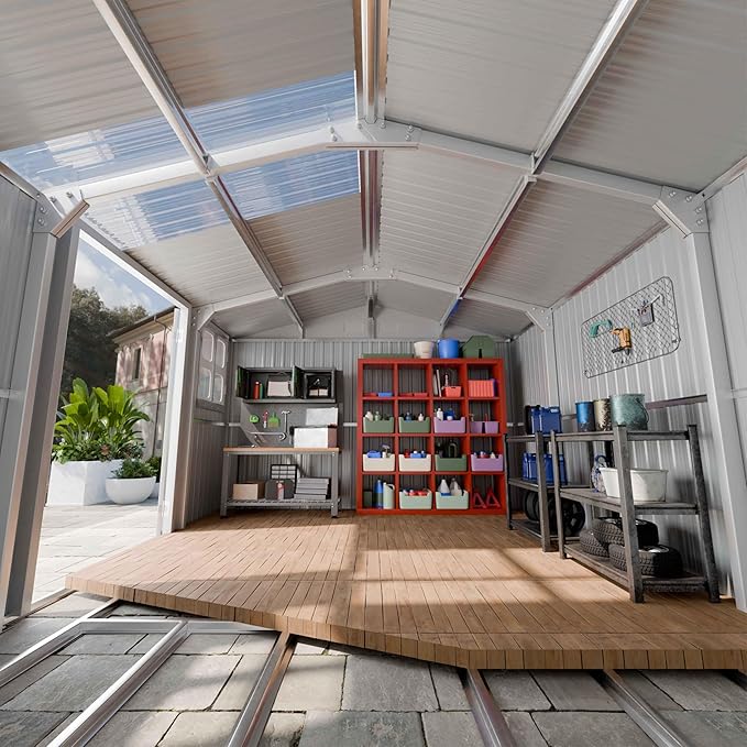 12x10 FT Metal Shed Heavy-Duty with Floor Kit, Outdoor Storage Garden Sheds with Reinforced Steel Frame & Customizable Skylight, Weatherproof Galvanized Tool Tiny House for Backyard, Patio, and Lawn