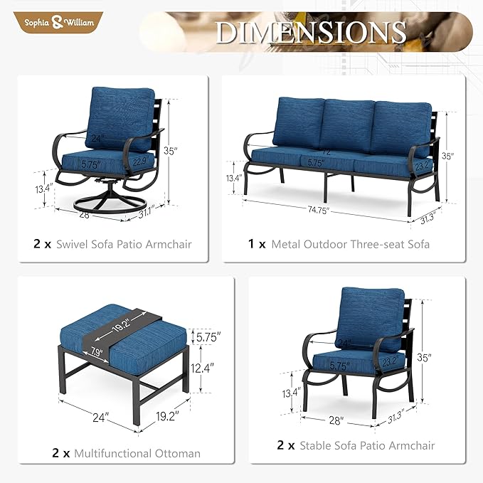 Sophia & William Patio Furniture Sets for 7 Outdoor Conversation Set 7 Pcs with 2 x Swivel Sofa Chairs, 2 x Armrest Chairs, 1 x 3-Seat Sofa, 2 x Ottomans Garden Backyard Poolside Peacock Blue