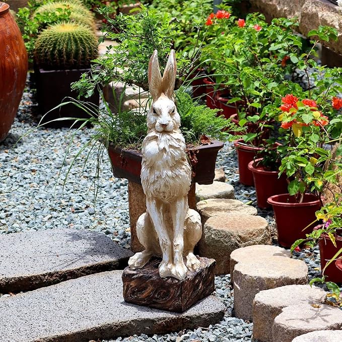 Large Size Noble Sitting Rabbit Bunny Realistic Rabbit Happy Easter Bunny Magnesium Oxide Stone Sculpture Decorations for Indoor Outdoor Garden Statue 30'' High