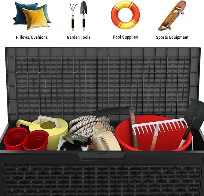 Mars Villa Deck Box, Waterproof Weatherproof and UV Resistant Resin Storage Bin with Lockable Lid, Ideal for, Outdoor, Patio Furniture Cushions, Pool Supplies, Garden Tools (60 Gallon, Black)