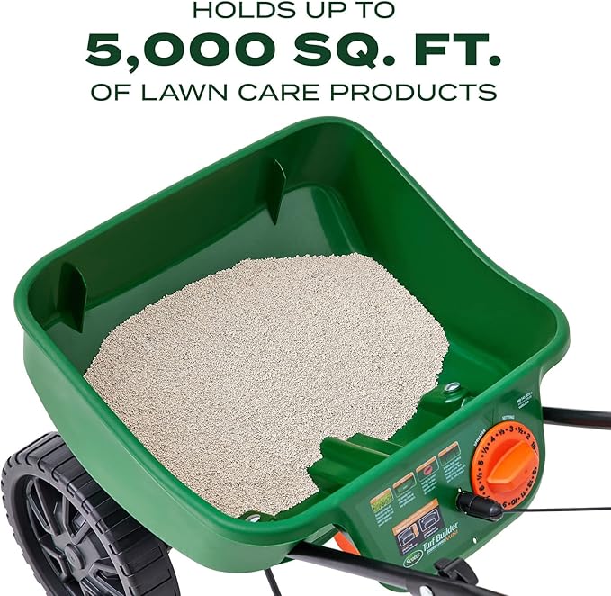 Scotts Turf Builder EdgeGuard Mini Broadcast Spreader for Seed, Weed and Feed, Fertilizer, Salt, Ice Melt, Push Spreader Holds up to 5,000 sq.ft. Product