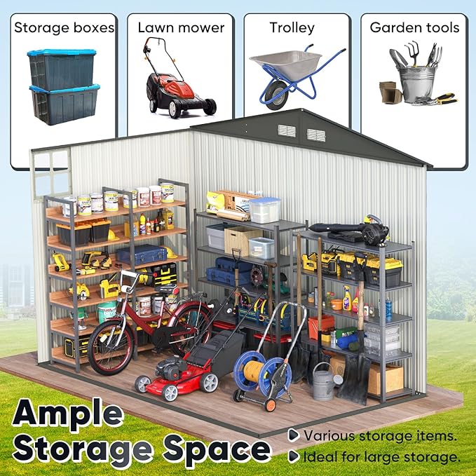 Quictent Heavy Duty 8X6 FT Outdoor Metal Storage Shed, Lockable Tool Shelter Waterproof Shed for Garden, Backyard, Lawn and Patio Scene with Combination Lock, Brown(8.2X5.8 FT Base, No Floor)