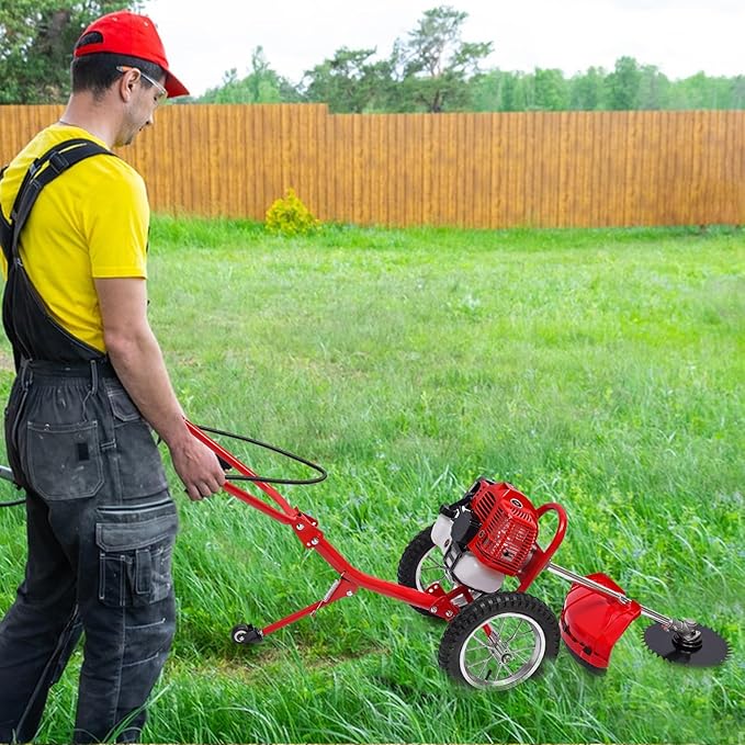 Weed Wacker, 2 Stroke 49 CC Gasoline Weed Eater, 6500-7000R/Min Hand Push Weed Wacker, 0.95L Small Weed Wacker, can Folded Rear Wheel, for Mountains, Hills, Plains, Orchards Etc