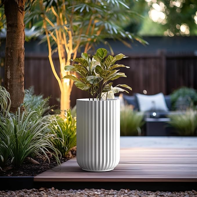 Kante Tall Fulted Planter, 17.7 Inch Tall Round Concrete Plant Pots with Drainage Hole and Rubber Plug, Modern Decor for Indoor Outdoor Plants, Flower, White