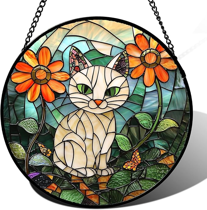 Stained Glass Window Hanging - White Cat Green Plants Orange Flowers Sun Catcher for Door Garden Home Decor Suncatcher Christmas Mother's Day Birthday Gifts for Women Men Mom Nana 6.3 in