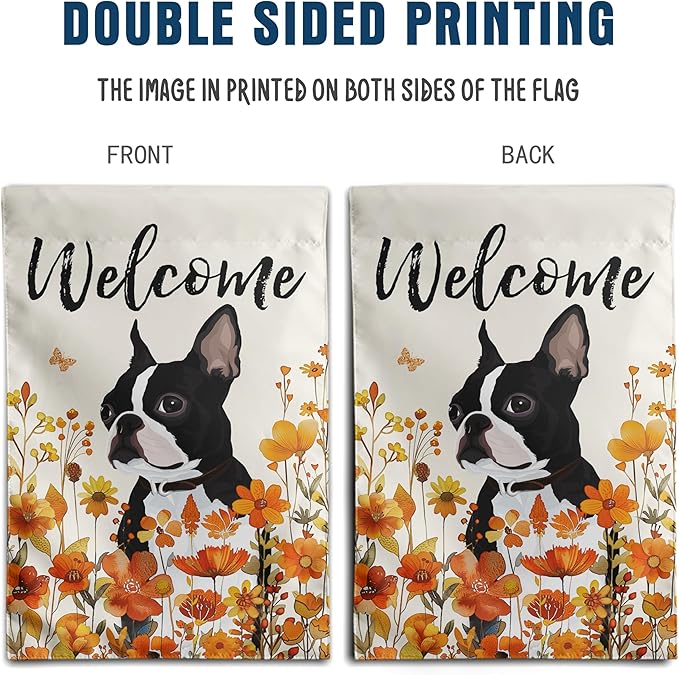 Floral Boston Terrier Garden Flag Fall Yard Flag Wildflower Dog Garden Flags Orange Autumn Lawn Flags Welcome Thanksgiving Outdoor Flags for Outside 12x18 Double Sided Small