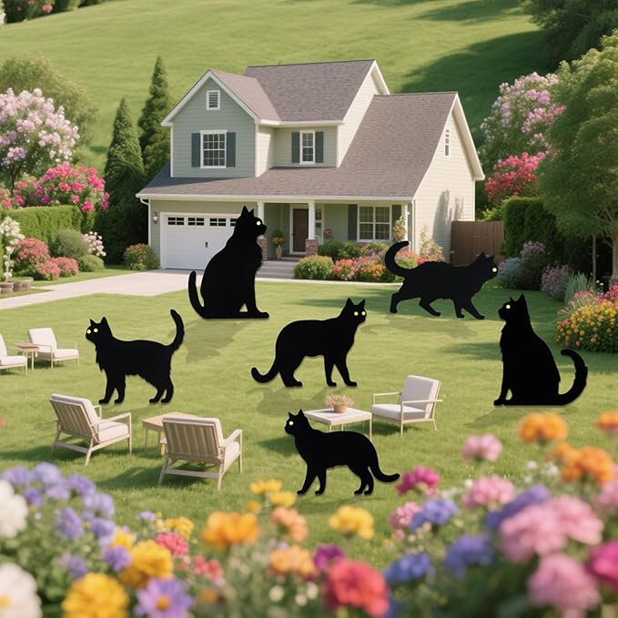 6 PCS Black Cat Halloween Lawn Signs with Stakes, Glow-in-The-Dark Eyes, Spooky Outdoor Yard Decorations for Garden and Halloween