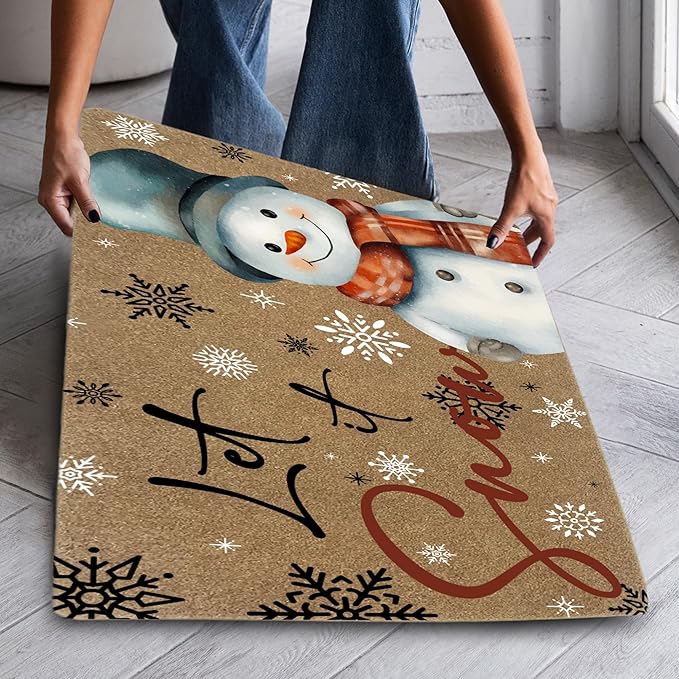 Let It Snow Christmas Faux Coir Door Mats Outdoor, Christmas Holiday Door Mat for Home Outside Entryway, Xmas Snowman Snowflake Welcome Doormat for Indoor Outdoor Porch Entrance, 17x30 Inch