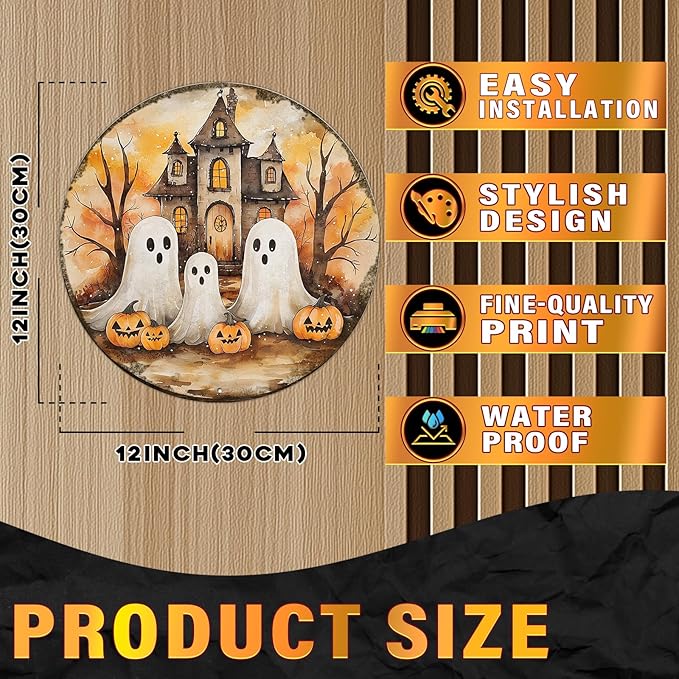 PEACHGARDEN Round Cute Ghost Halloween Vintage Sign Halloween Pumpkin Metal Tin Sign for Home Bar Kitchen Hotel Dining Room Coffee 12x12inch