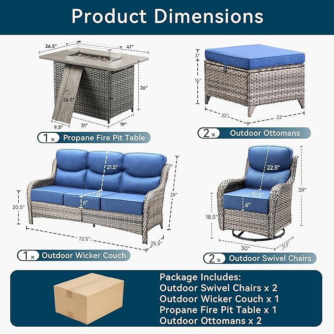 Luxury High Back Outdoor Furniture 6-Inch Thick Cushions with 50,000 BTU Gas Propane Fire Pit Tablet, Patio Furniture Set with Swivel Chairs, 6 PCS for Porch, Balcony, Deck and Yard