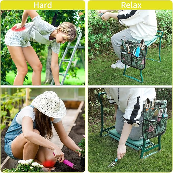 Garden Kneeler and Seat Stool with 2 Large Tool Bags and Soft Kneeling Pad Heavy Duty Garden Foldable Bench for Gardening Lovers (2 Tool Bags)