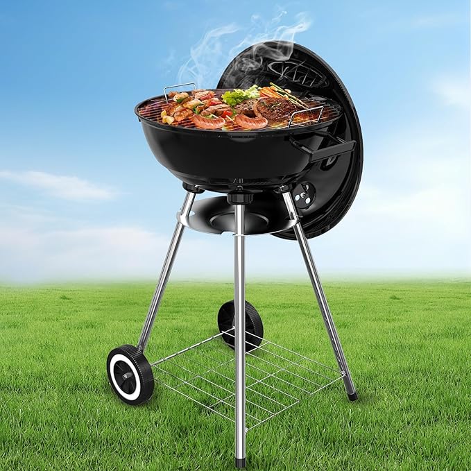 18 Inch Portable Charcoal Grill, Heavy Duty Kettle BBQ Smoker with Built-in Thermometer & Removable Water-Rinsable Ash Catcher for Outdoor Camping, Patio, Backyard, and Tailgating