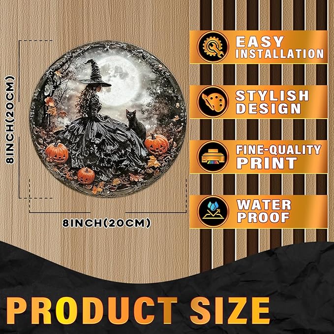 PEACHGARDEN Round Happy Halloween Black Cat Vintage Sign Halloween Witch Metal Tin Sign for Home Bar Kitchen Hotel Dining Room Coffee 8x8inch