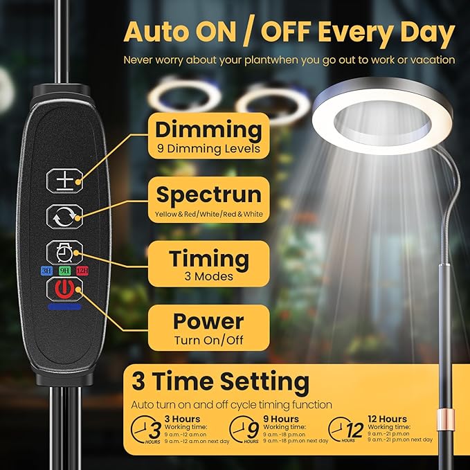 Grow Light Plant Light for Indoor Plants, Full Spectrum Grow Lamp with Pedestal Stand, Automatic Timer for 3H/9H/12H, 10 Dimmable Levels, Height Adjustable 51-67in Black