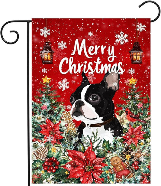 Christmas Boston Terrier Garden Flag Merry Christmas Dog Yard Flag for Outside Xmas Flags 12x18 Double Sided Red Poinsettia Garden Flags Winter Porch Decorations Outdoor