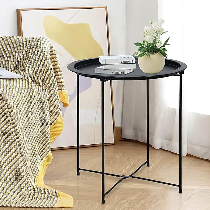 Garden 4 you End Table 2 PCS Metal Side Table Black Round Folding Tray Cyan Sofa Small Accent Fold-able Table, Round End Table Tray, Next to Sofa Table, Snack Table for Living Room and Bed Room