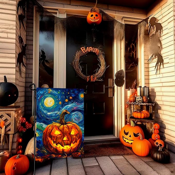 Halloween Garden Flag Pumpkin Garden Flag Van Gogh Garden Flags Arts Starry Night Sky Moon Yard Flag Double Sided Fall Porch Patio Farmhouse Outdoor Yard Decorative 12 x 18 Inch