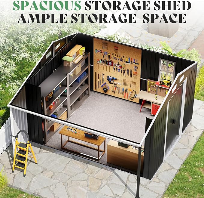 Jocisland Outdoor Storage Shed 10.6x10.3x6.3 FT, Sliding Door Shed with Two 4-Pane Windows for Wood Storage, Dark Grey/White