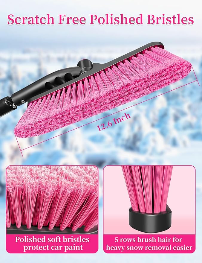 HEEYA Snow Brush for Car, Extendable Snow Brush and Ice Scraper with Foam Grip, Car Window Scraper for Snow and Ice for SUV Truck Auto Jeep RV Vehicle Windshield - Pink