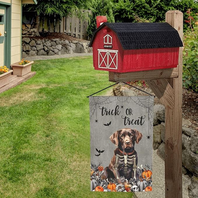 Halloween Labrador Chocolate Dog Bat Pumpkin Garden Flag Welcome Party Outdoor Outside Decorations Picks Home House Garden Yard Decor 12x18 Inch