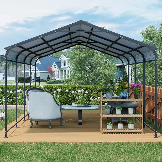 12x21 FT Metal Carport, Heavy Duty Car Port Canopy with Galvanized Steel Roof & Frame, Large Metal Carport Kit, Outdoor Car Garage, Steel Car Shelter for Car, Boat, Truck, Charcoal