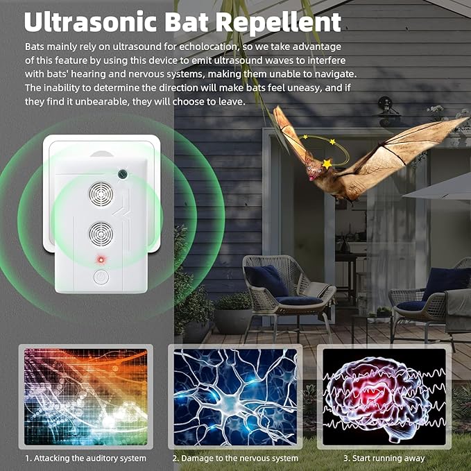 2025 Upgraded Ultrasonic Bat Repellent Devices, Plug in Bat Deterrent Repeller Devices for Indoor Use, Friendly to Human & Pet (4, White)