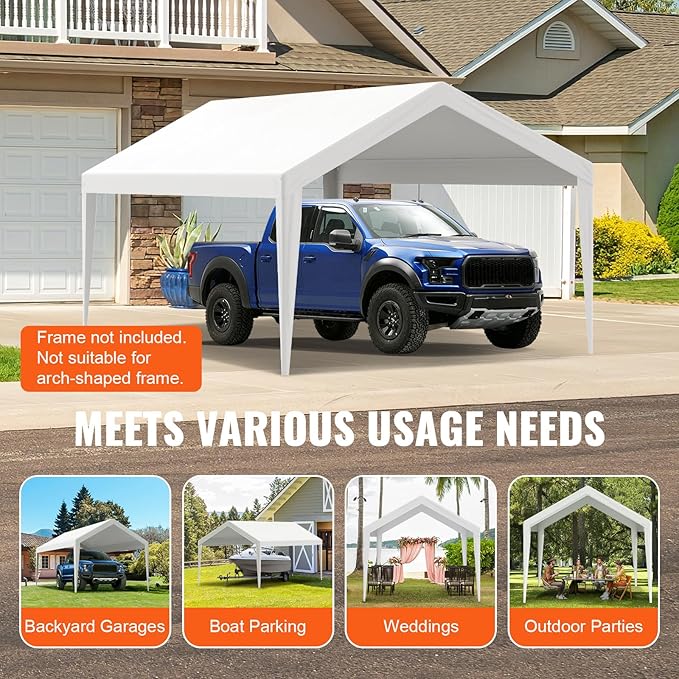 VEVOR Carport Replacement Canopy Cover 10 x 20 ft, Garage Top Tent Shelter Tarp Heavy-Duty Waterproof & UV Protected, Easy Installation with Ball Bungees,White (Only Top Cover, Frame Not Include)