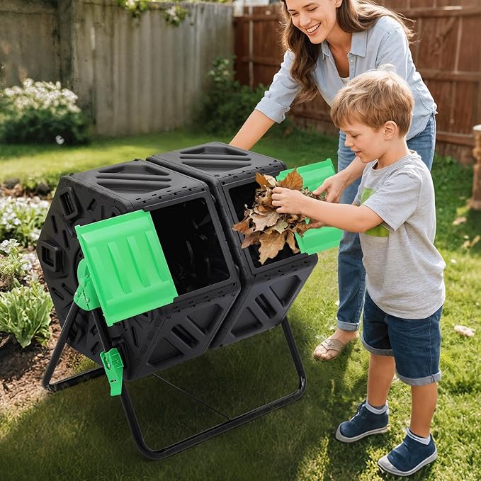 Athena Collection Chamber Compost Tumbler, 34 Gallon Outdoor Composter with Easy Assembly, Tumbling Compost Bin in PP Material for Garden, Yard & Kitchen Waste, Includes Gloves