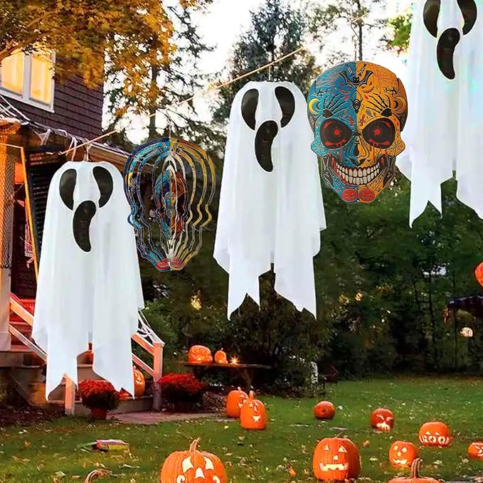 12 inch Halloween Decoration Skull Wind Spinner - 3D Metal Garden Spinner, Mandala Kinetic Art Outdoor Decor -Handcrafted Hanging Ornament for Outdoor,Patio, Yard，Garden