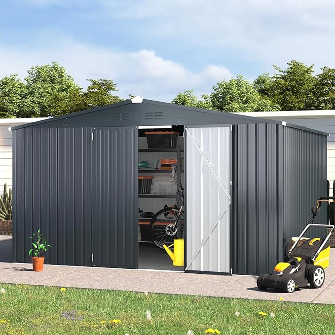U-MAX 12x10 Storage Shed, Large Metal Outdoor Garden Sheds & Outdoor Storage Clearance, 10x12 Tool Shed Outdoor Storage Lockable for Backyard Outside Use in Dark Grey