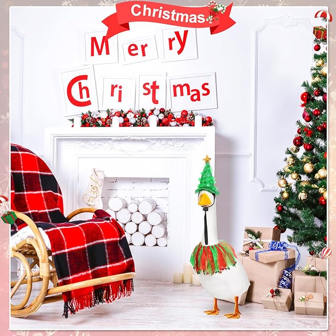 7 Set Holiday Porch Goose Outfits St. Patrick Easter 4th of July Halloween Thanksgiving Christmas Lawn Goose Clothing Hat and Tutu Collar Goose Outfit for 23" Goose Patio Yard Decor