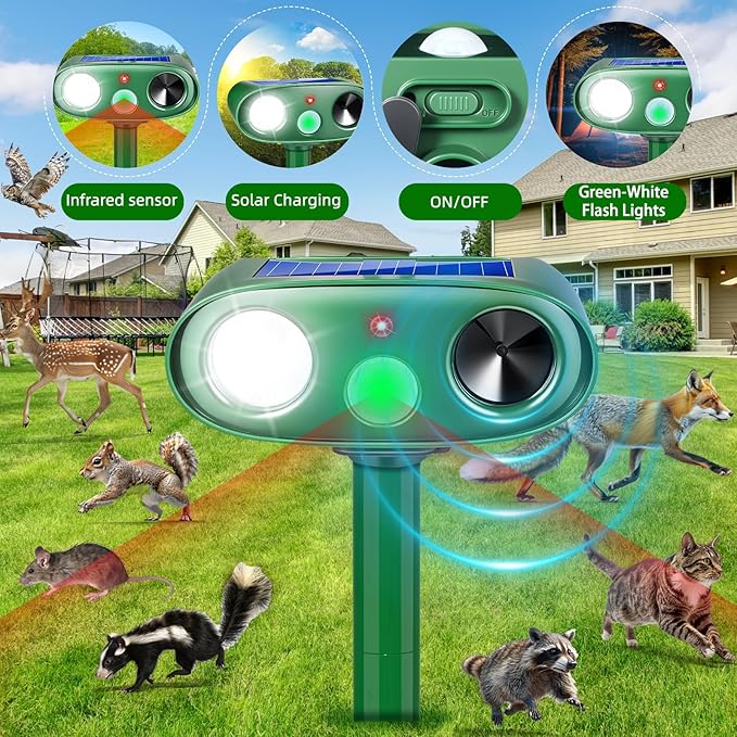 2025 2Pack Cat Repellent Outdoor Ultrasonic Animal Repellent Solar Animal Repeller with LED Flashlight&Motion Sensor Deer Repellent Device to Scare Fox Dog Squirrel Skunk Rabbit Raccoon
