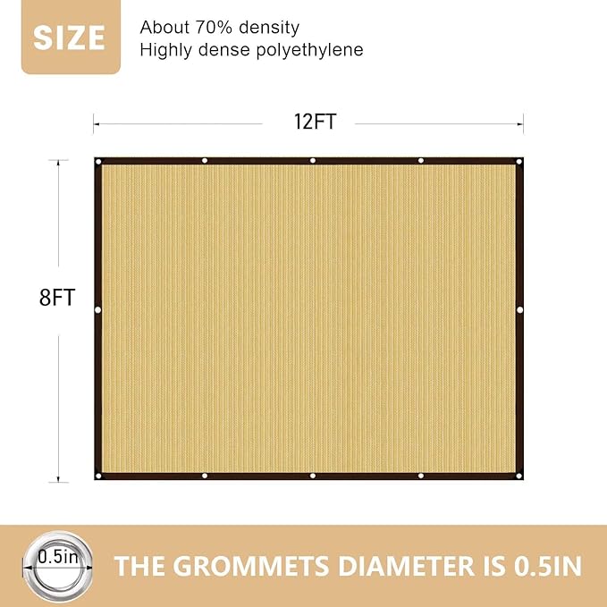 QNLONG Shade Cloth for Garden， 90% Beige Shade Net Mesh Tarp with Grommets Sun Shade Cover Tear Resistance for Plants Greenhouse Chicken Coop Vegetables Pergola 12X8FT